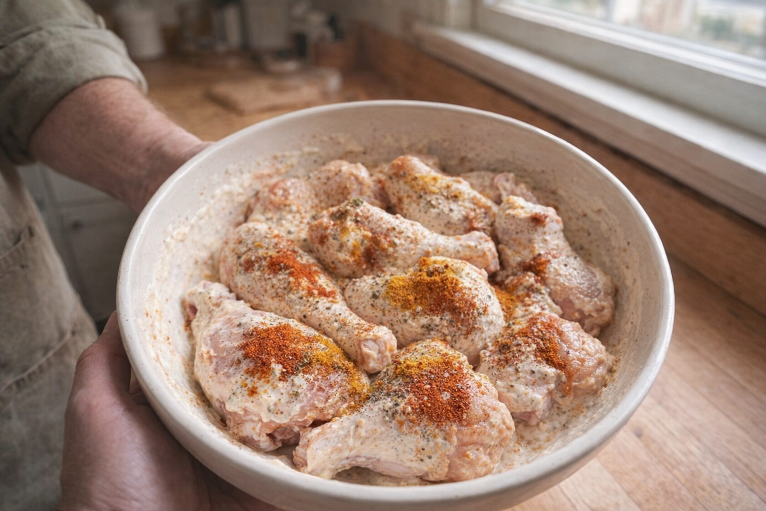 A high-angle shot of raw chicken pieces marinating in a bowl with a creamy yogurt-based marinade, vibrant spices visible, kitchen background